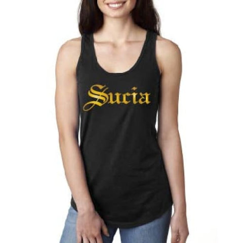 SUCIOWEAR OFFICIAL "SUCIA" Old English Font Next Level Ladies Tanks/Tees Gold/Black