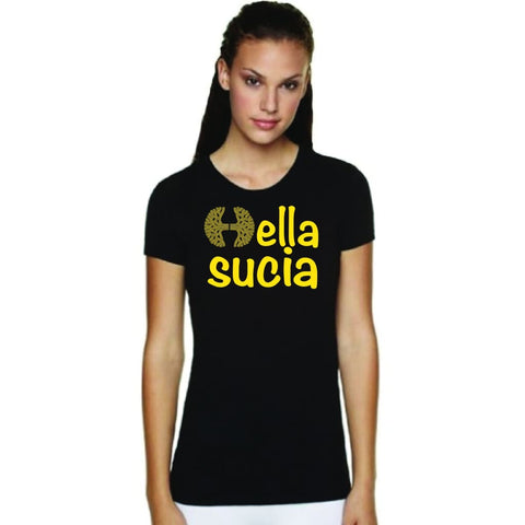SUCIOWEAR OFFICIAL " HELLA SUCIA OAKLAND TREE" Next Level Ladies Tee Gold/Black