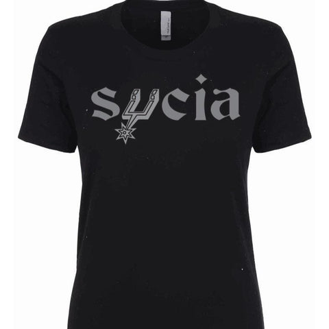 SUCIOWEAR OFFICIAL “SPURS PARODY SUCIA” Next Level Ladies Tee/Vneck/Tank Top Silver/Black