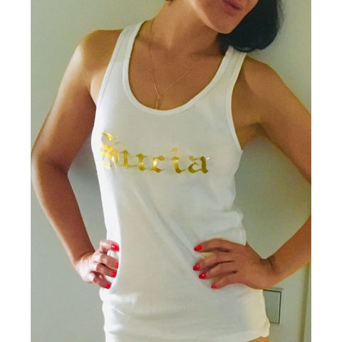 SUCIOWEAR OFFICIAL “SUCIA” Graffiti Style Next Level Racerback Tank Gold Foil/White